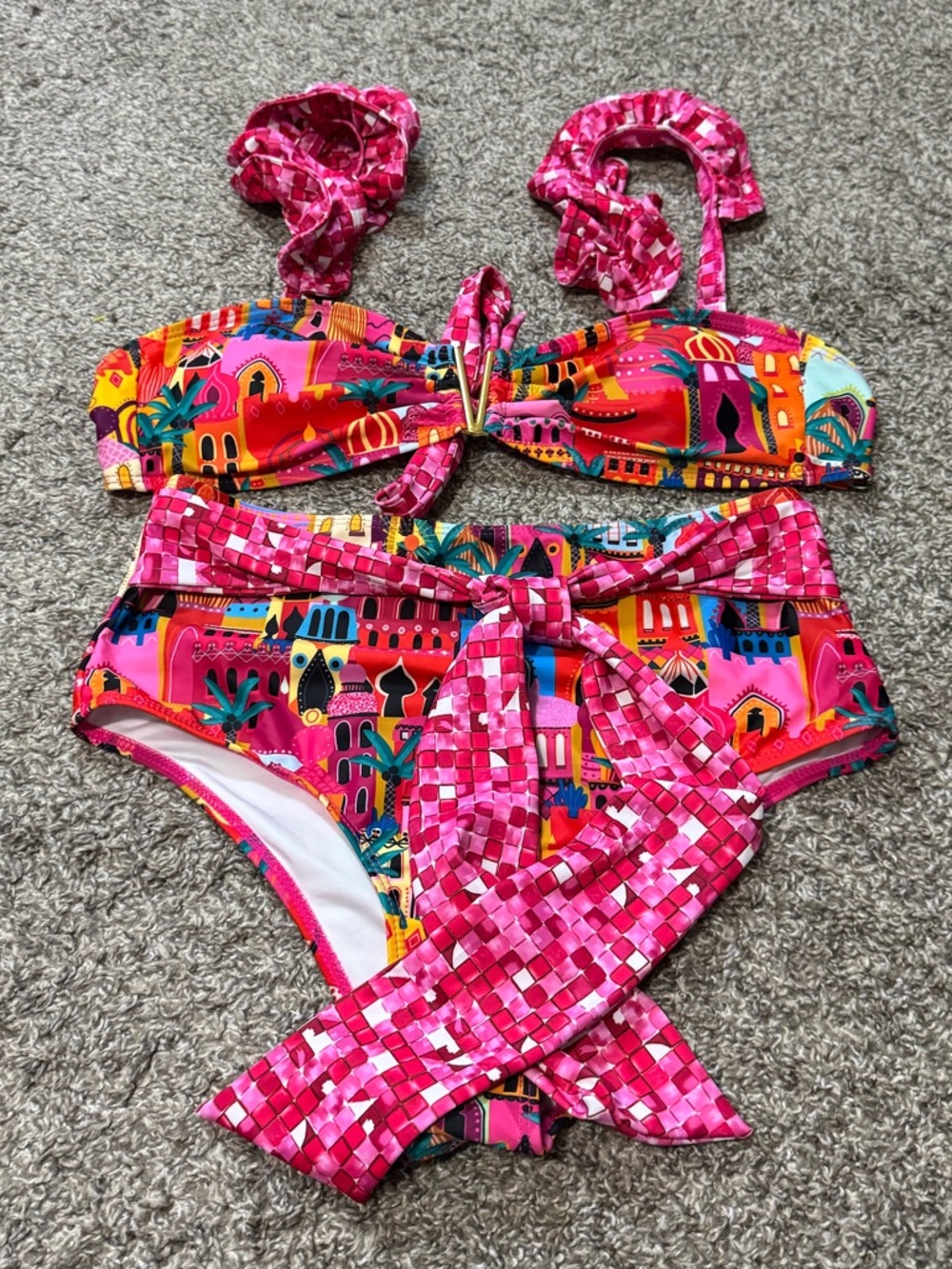 SPORLIKE High Waisted Bikini Swimsuit Flounce Straps Pink